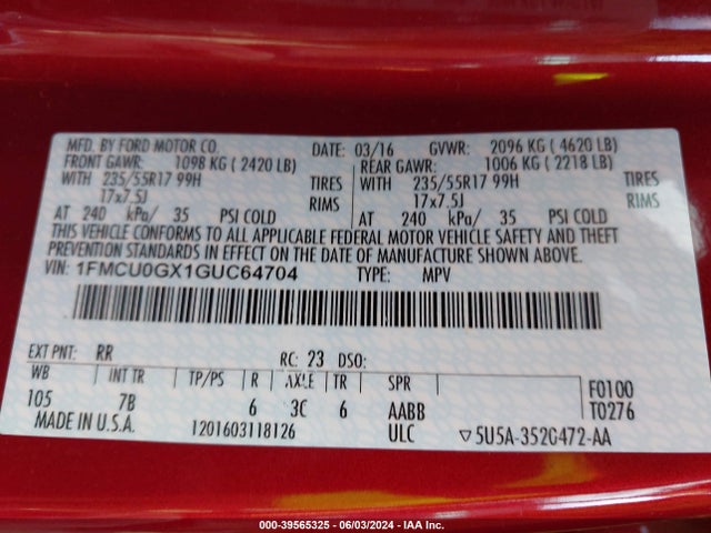 Ford ESCAPE SE 2016 1FMCU0GX1GUC64704 Image 9