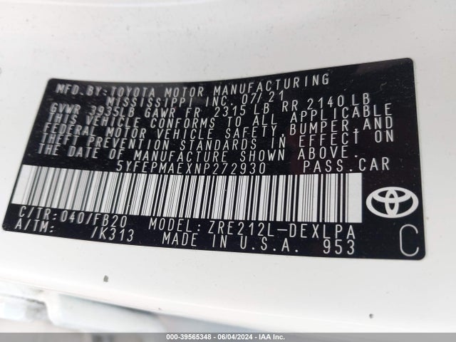 Toyota COROLLA LE 2022 5YFEPMAEXNP272930 Image 9