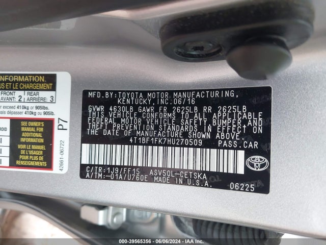 Toyota CAMRY SE 2017 4T1BF1FK7HU270509 Image 9