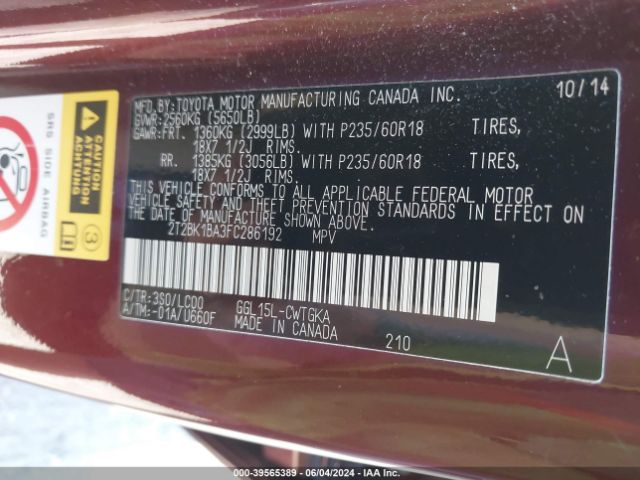 2T2BK1BA3FC286192 Lexus RX 350