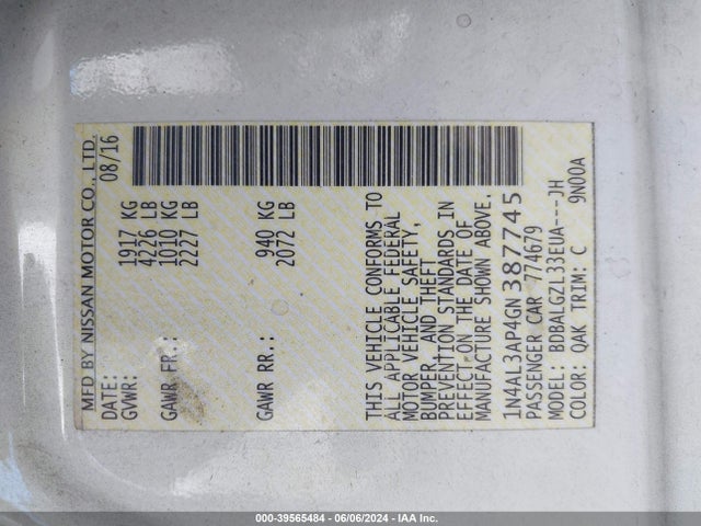 Nissan Altima 2.5 S 2016 1N4AL3AP4GN387745 Image 9