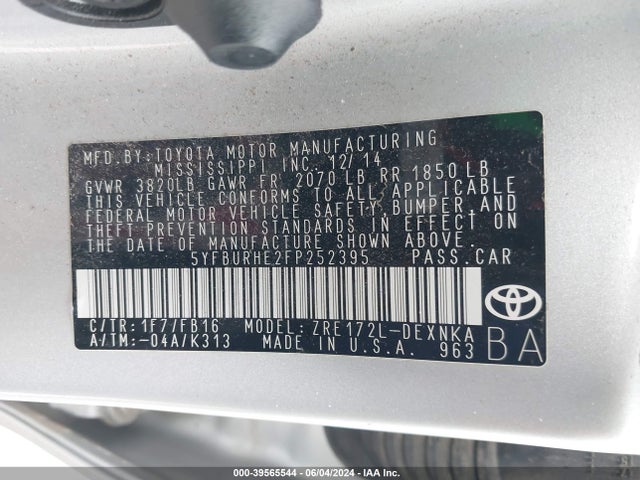 Toyota COROLLA LE 2015 5YFBURHE2FP252395 Image 9