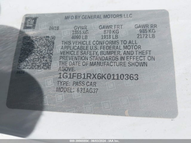 Chevrolet Camaro 1lt 2019 1G1FB1RX6K0110363 Image 9