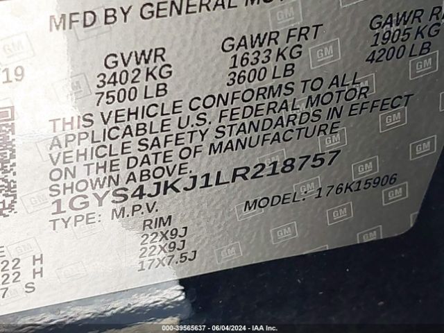 1GYS4JKJ1LR218757 Cadillac Escalade Esv 4wd Premium Luxury