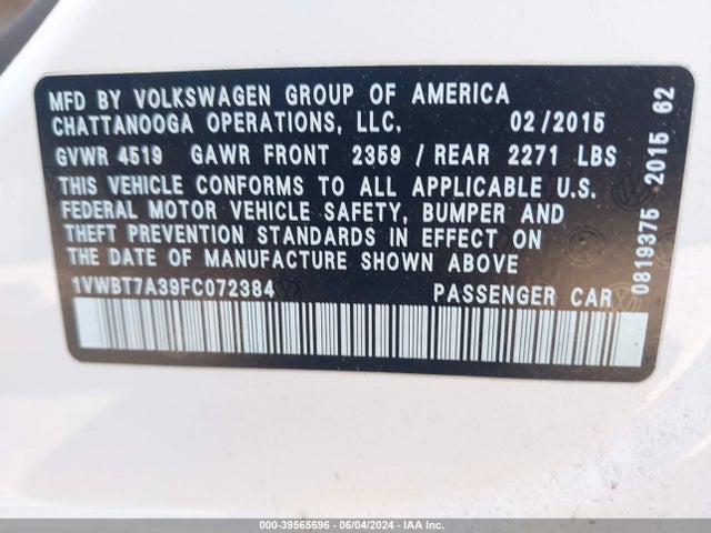 1VWBT7A39FC072384 Volkswagen Passat 1.8t Se
