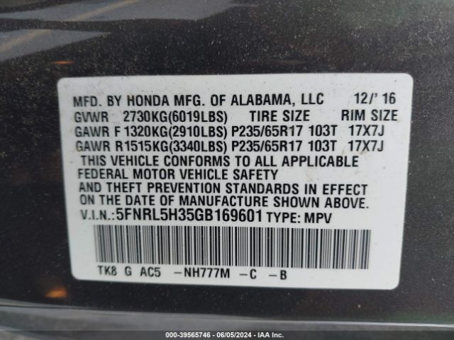 5FNRL5H35GB169601 Honda ODYSSEY SE