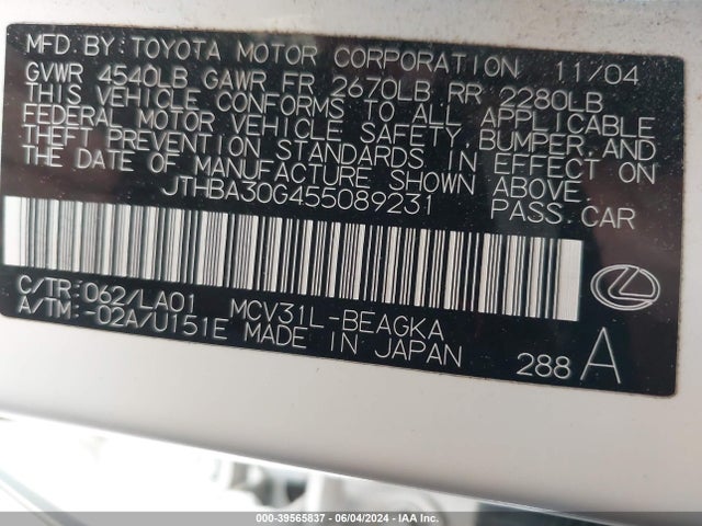 2005 Lexus Es 330 მანქანა იყიდება აუქციონზე, vin: JTHBA30G455089231, აუქციონის ნომერი: 39565837