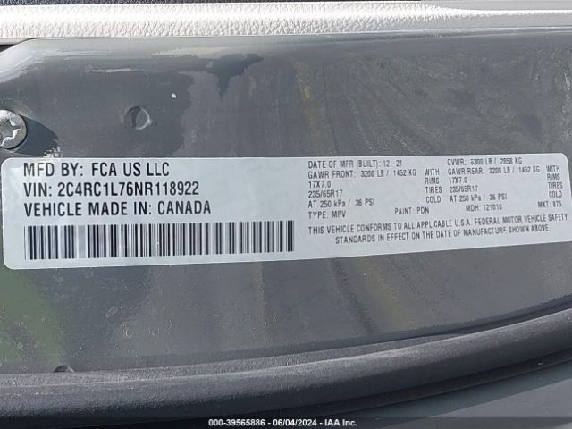 2C4RC1L76NR118922 Chrysler Pacifica Hybrid Touring L