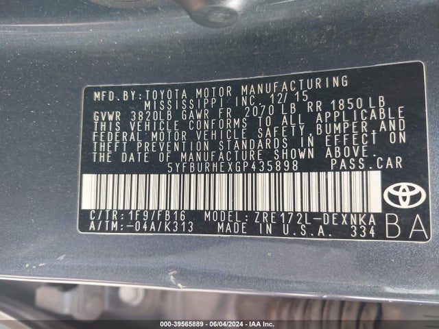 Toyota COROLLA LE 2016 5YFBURHEXGP435898 Image 9