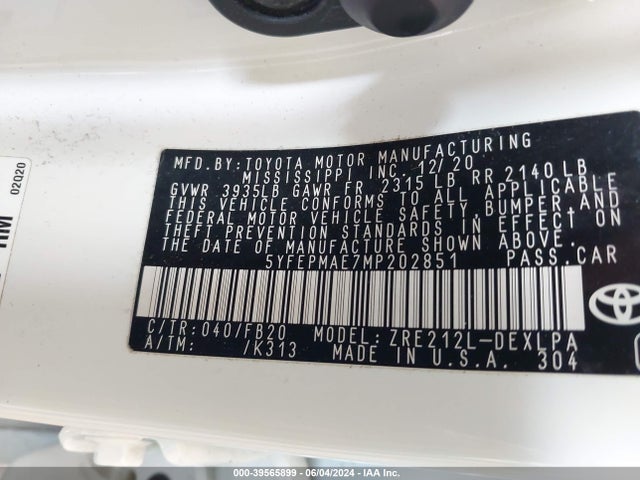 Toyota COROLLA LE 2021 5YFEPMAE7MP202851 Image 9