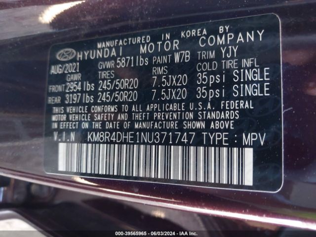 KM8R4DHE1NU371747 Hyundai Palisade Sel