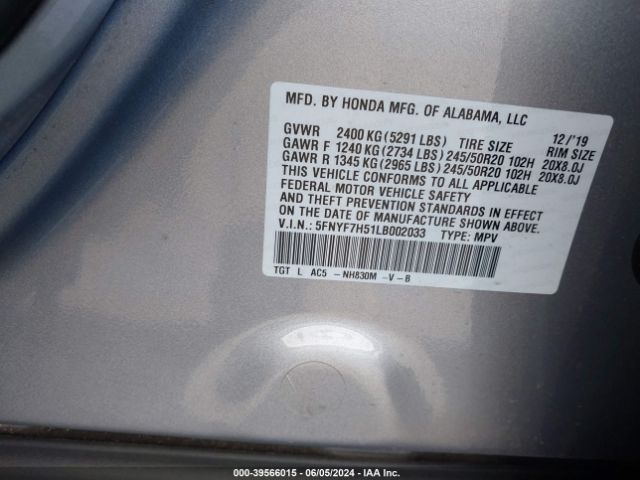 5FNYF7H51LB002033 Honda Passport 2wd Ex-l