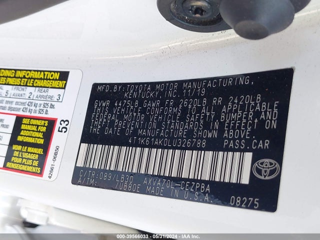 Toyota CAMRY XSE 2020 4T1K61AK0LU326788 Image 9