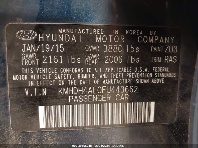 Hyundai ELANTRA SE 2015 KMHDH4AE0FU443662 Image 9