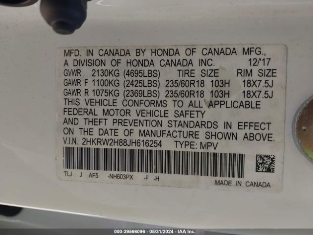 2HKRW2H88JH616254 Honda Cr-v Ex-l/ex-l Navi