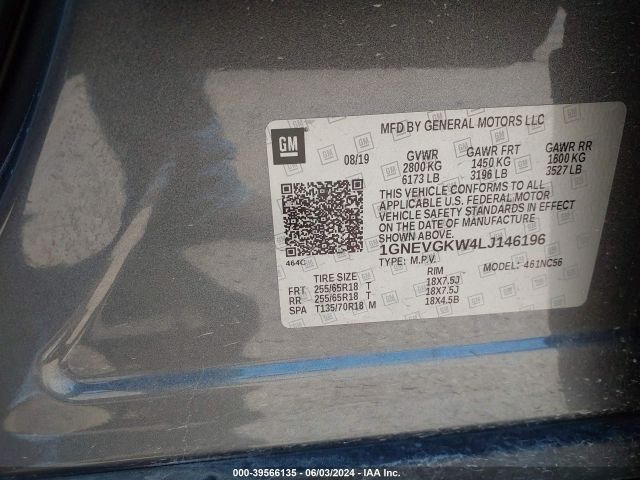 1GNEVGKW4LJ146196 Chevrolet Traverse Awd Lt Cloth