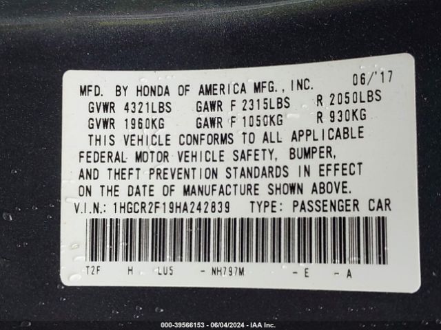 1HGCR2F19HA242839 Honda Accord Sport Se