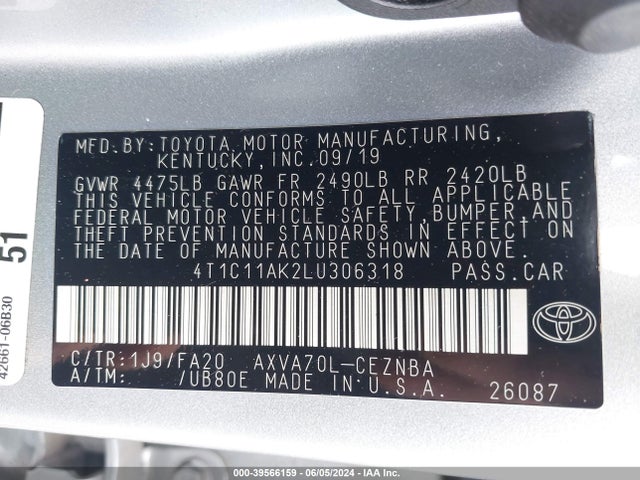 Toyota CAMRY LE 2020 4T1C11AK2LU306318 Image 9