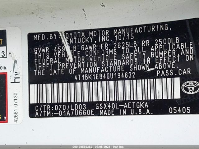 4T1BK1EB4GU194632 Toyota AVALON XLE