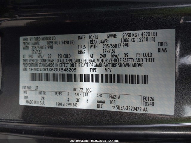 Ford ESCAPE SE 2016 1FMCU0GX6GUB48205 Image 9