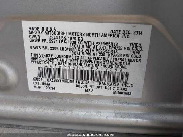 4A4AP3AU5FE019280 Mitsubishi Outlander Sport Es