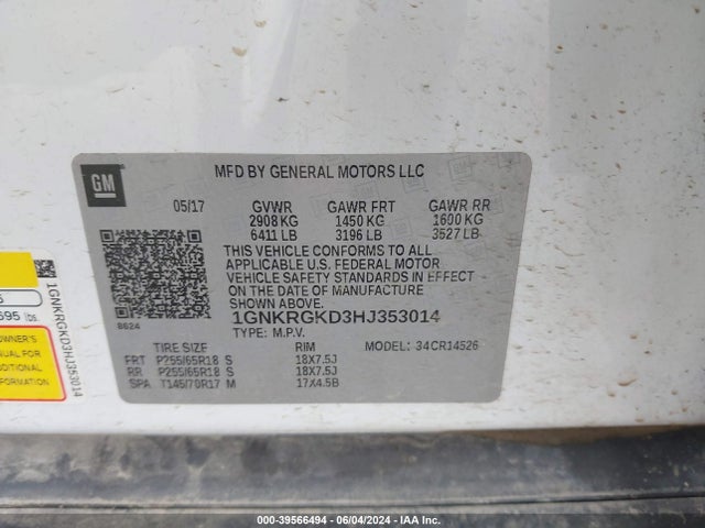 Chevrolet Traverse 1lt 2017 1GNKRGKD3HJ353014 Image 9