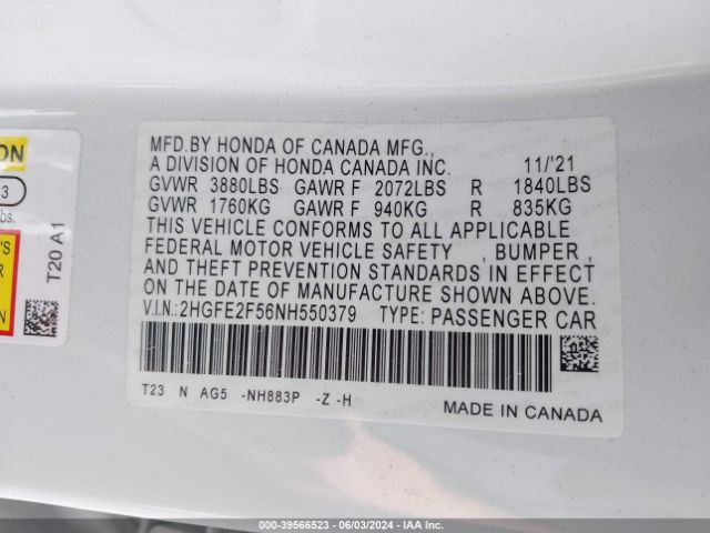 2HGFE2F56NH550379 Honda Civic Sport