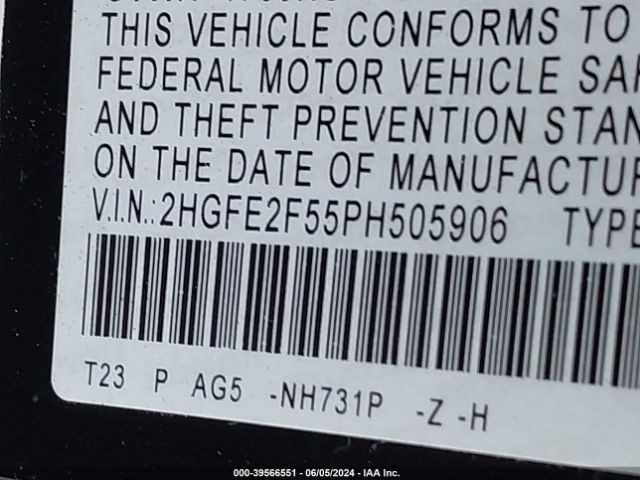 2HGFE2F55PH505906 Honda Civic Sport