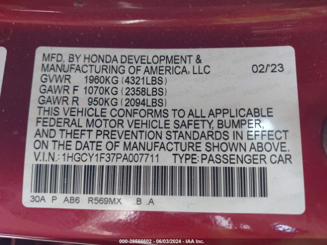1HGCY1F37PA007711 Honda ACCORD EX