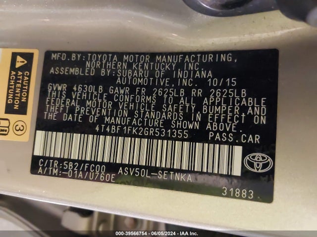 Toyota CAMRY LE 2016 4T4BF1FK2GR531355 Image 9