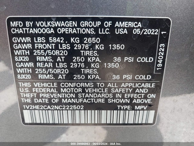 1V2HE2CA2NC222502 Volkswagen Atlas Cross Sport 3.6l V6 Se W/technology