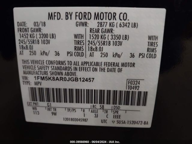 1FM5K8AR0JGB12457 Ford Police Interceptor Utility