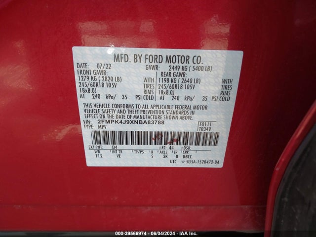Ford EDGE SEL 2022 2FMPK4J9XNBA83788 Image 9