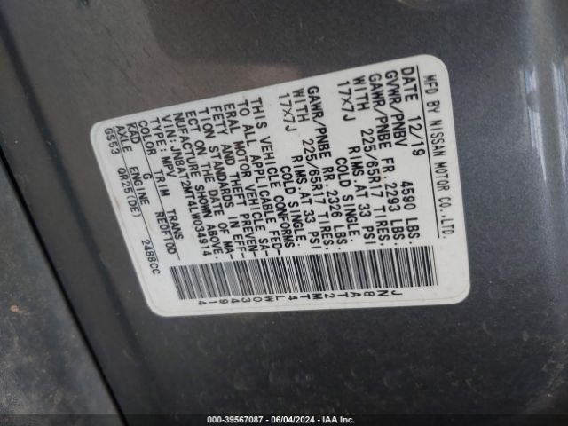 JN8AT2MT4LW034914 Nissan Rogue S Fwd