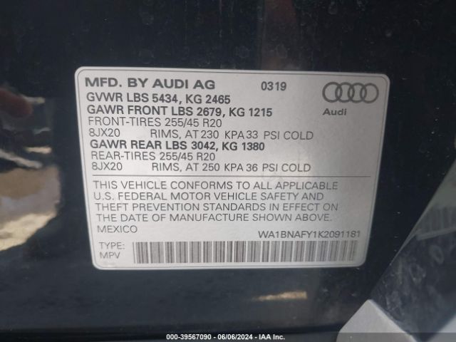 WA1BNAFY1K2091181 Audi Q5 45 Premium