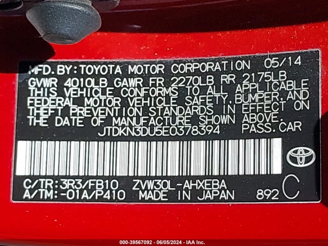 Toyota Prius Two 2014 JTDKN3DU5E0378394 Image 9