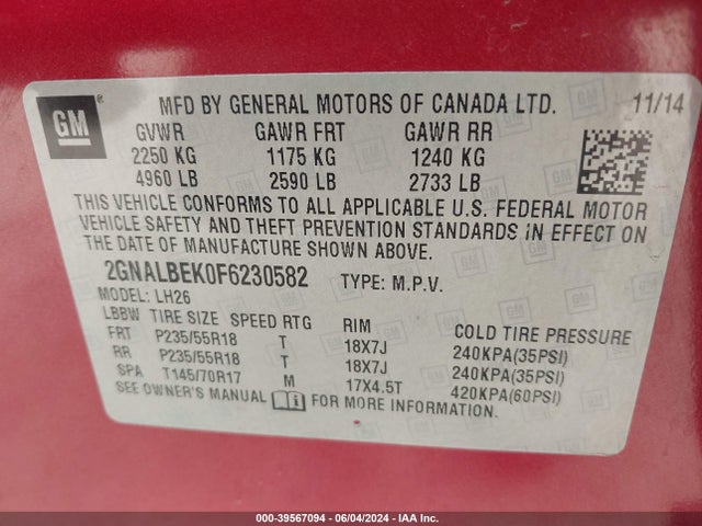 Chevrolet EQUINOX 1LT 2015 2GNALBEK0F6230582 Image 9