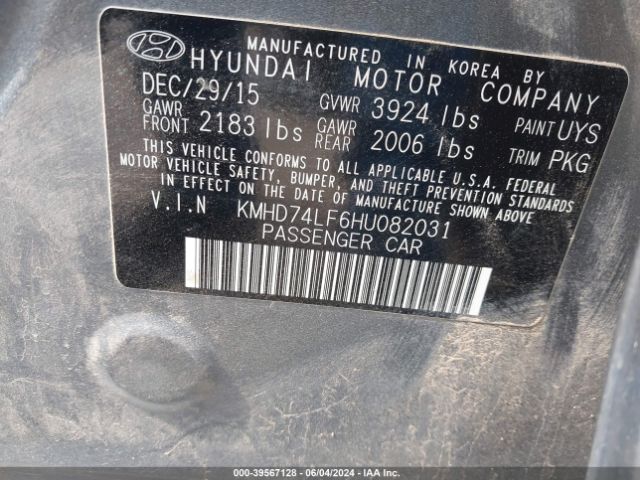 KMHD74LF6HU082031 Hyundai ELANTRA SE