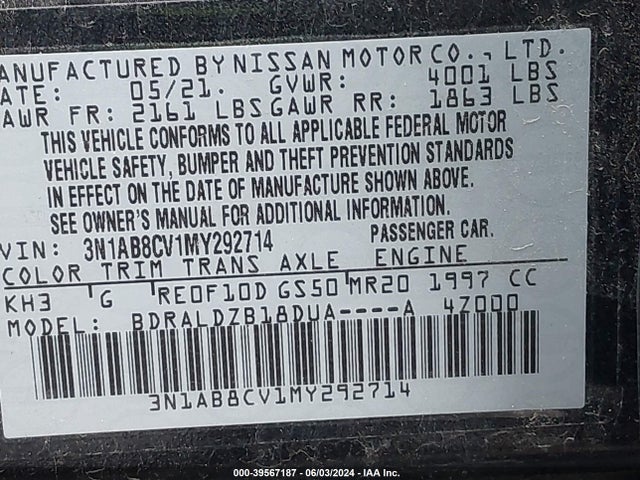 Продажа на аукционе авто 2021 Nissan Sentra Sv Xtronic Cvt, vin: 3N1AB8CV1MY292714, номер лота: 39567187