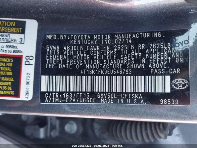 4T1BK1FK9EU546793 Toyota Camry Se V6