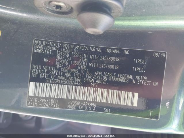 5TDJGRFH5KS074435 Toyota Highlander Hybrid Xle
