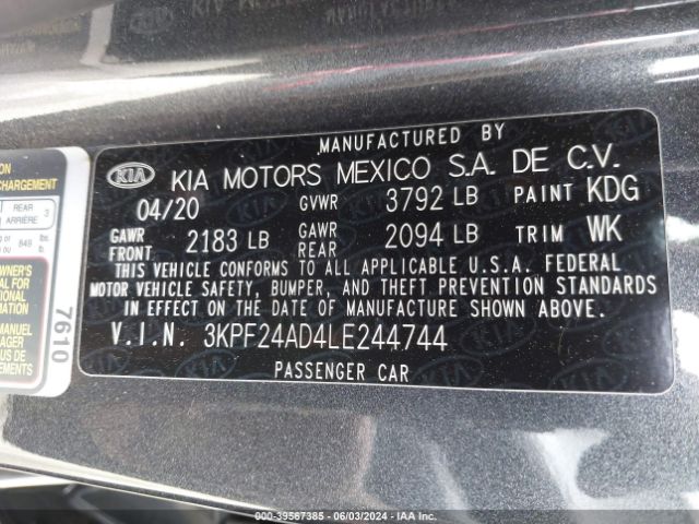 3KPF24AD4LE244744 KIA Forte Lxs