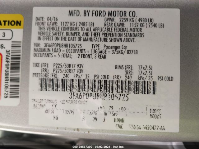 3FA6P0PU8HR105725 Ford Fusion Energi Se Luxury