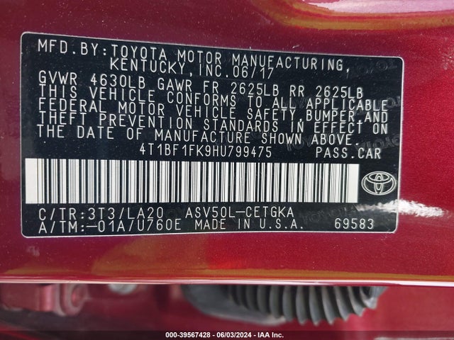 Toyota CAMRY XLE 2017 4T1BF1FK9HU799475 Image 9