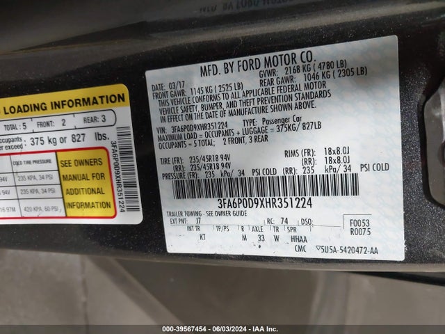 Ford Fusion Titanium 2017 3FA6P0D9XHR351224 Image 9