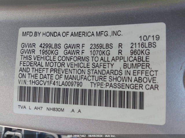 Honda ACCORD EX 2020 1HGCV1F41LA009790 Image 9