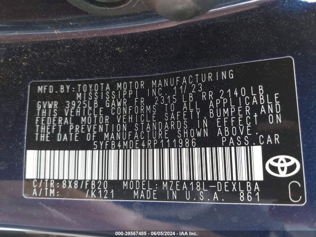 Toyota COROLLA LE 2024 5YFB4MDE4RP111986 Image 9