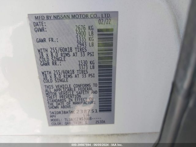 5N1DR3BA5NC238751 Nissan Pathfinder Sv 2wd