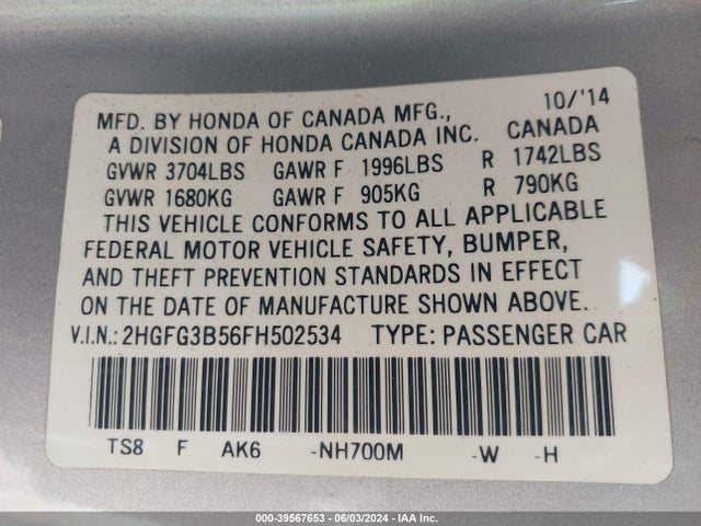 Honda Civic Lx 2015 2HGFG3B56FH502534 Image 9