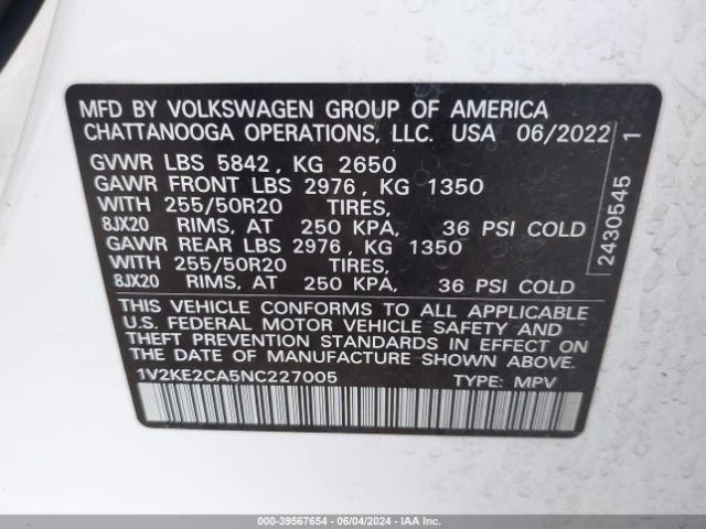 1V2KE2CA5NC227005 Volkswagen Atlas Cross Sport 3.6l V6 Se W/technology